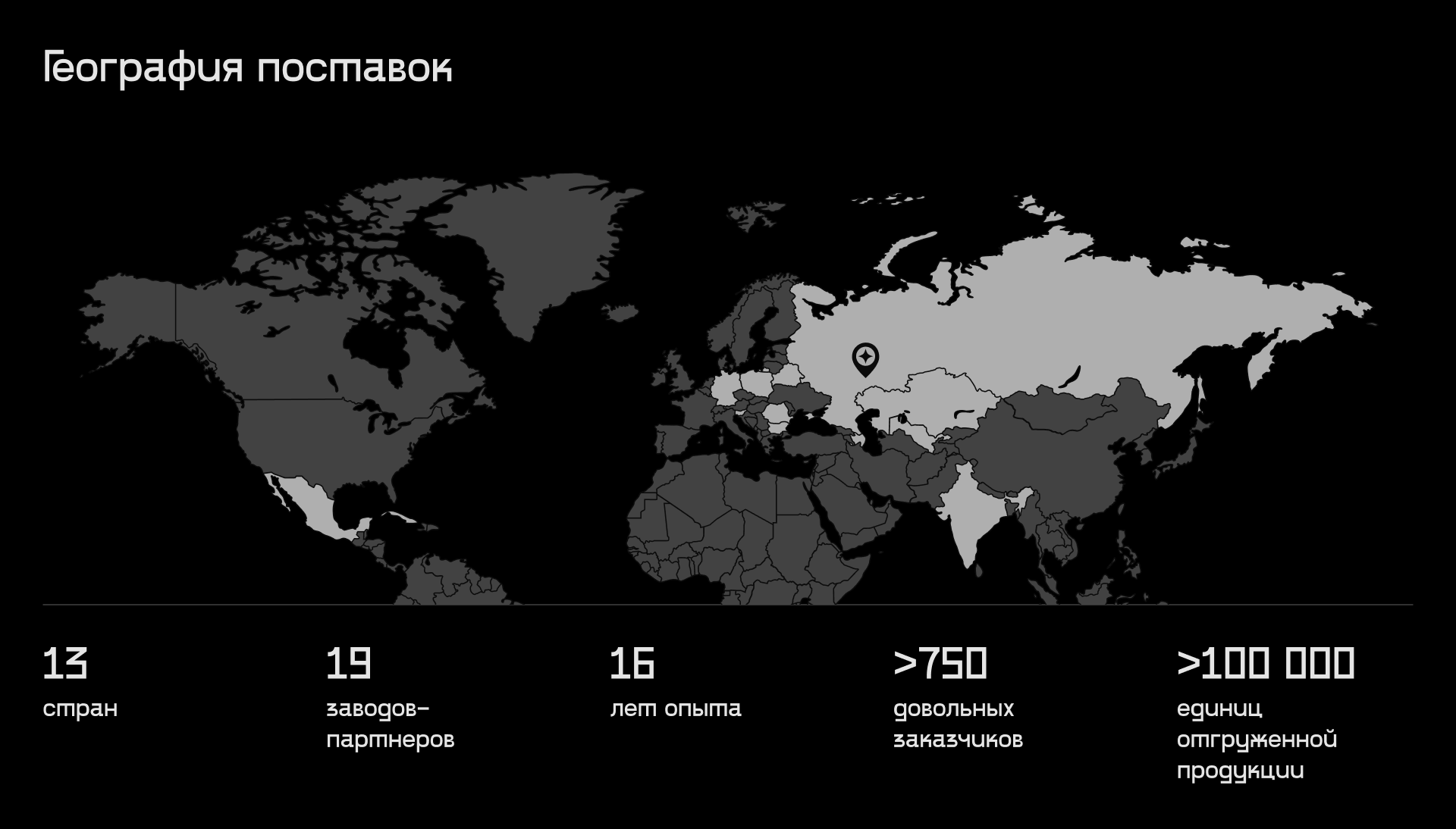 Дизайн информационного блока «География поставок»: интерактивная карта мира с визуализацией глобального присутствия компании и ключевыми бизнес-показателями, включая экспорт в 13 стран и более 100 000 единиц продукции.