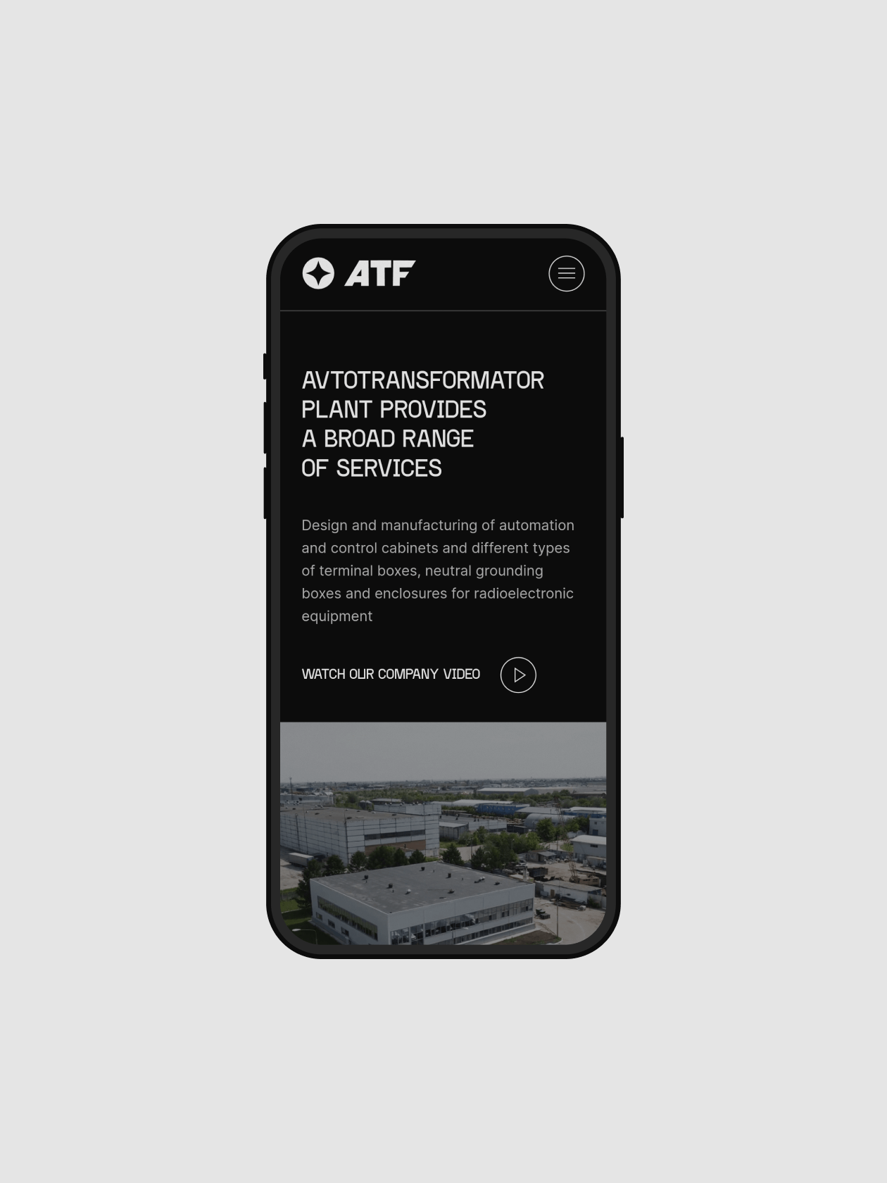 Адаптивный мобильный интерфейс сайта ATF на английском языке, обеспечивающий удобную навигацию для международных заказчиков.